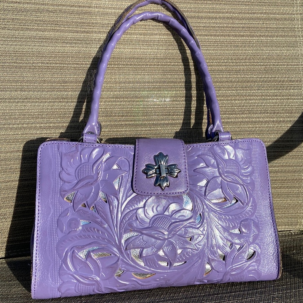 Patricia Nash Rosina Satchel in Amethyst. Burnished Cutout Tooled Leather